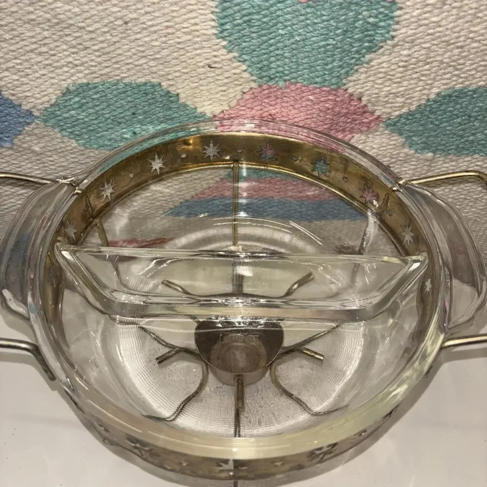 MCM divided Fire-King 1.5 quart casserole dish with stand/warmer